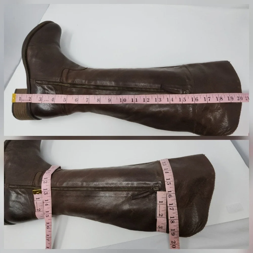 Womens Leather Riding Boots 41 Brown Knee High Side Zip Block Heel Made Portugal